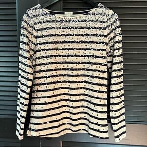 J. Crew Boatneck Breton Striped Top, Sequin Throughout, Navy and Cream, Size XS